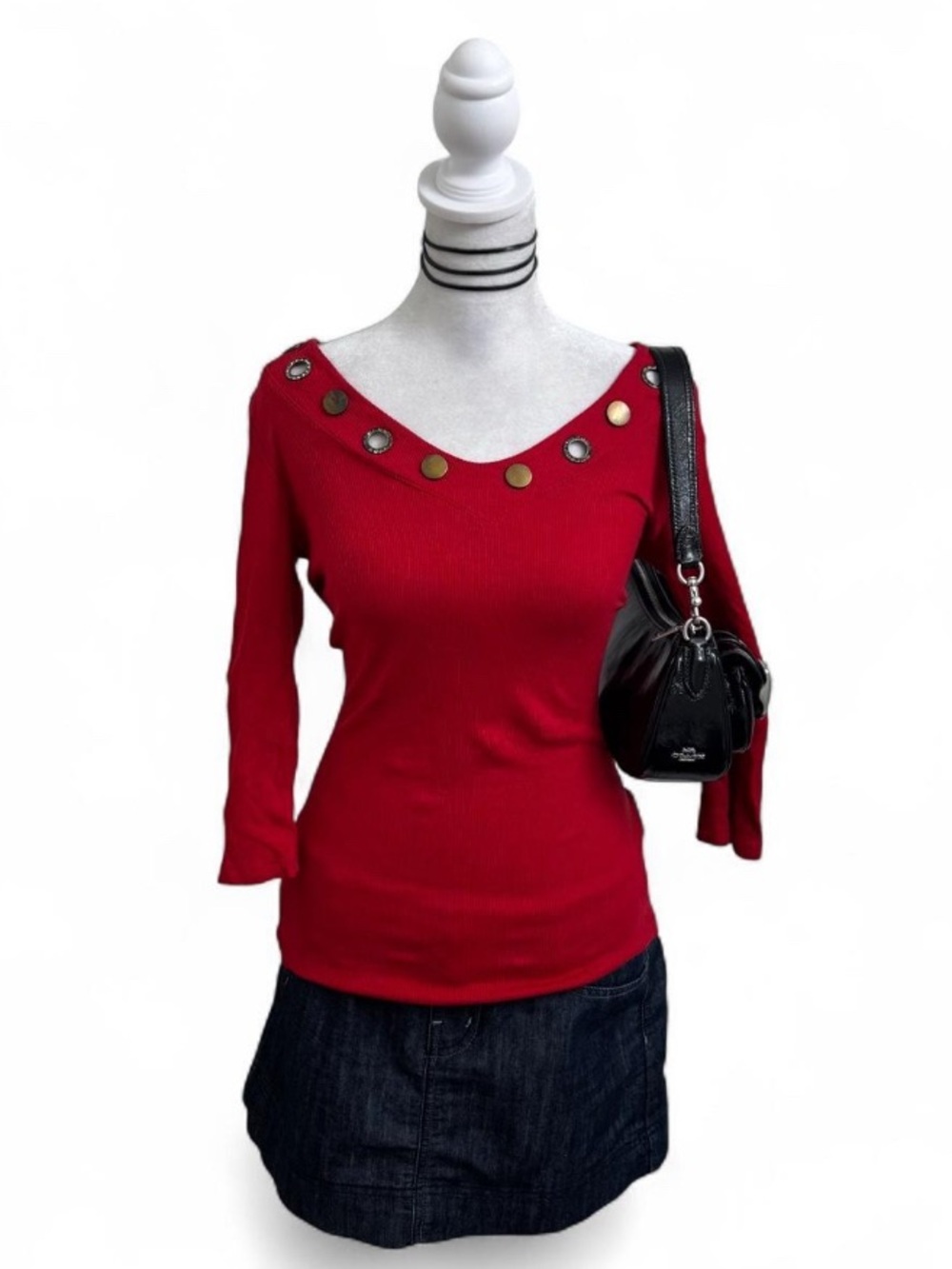Red V-Neck Grommet Detail Knit Top